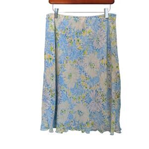Vtg 90s Y2K Norton McNaughton Sz M Blue Floral Skirt Knee Length Lettuce Hem